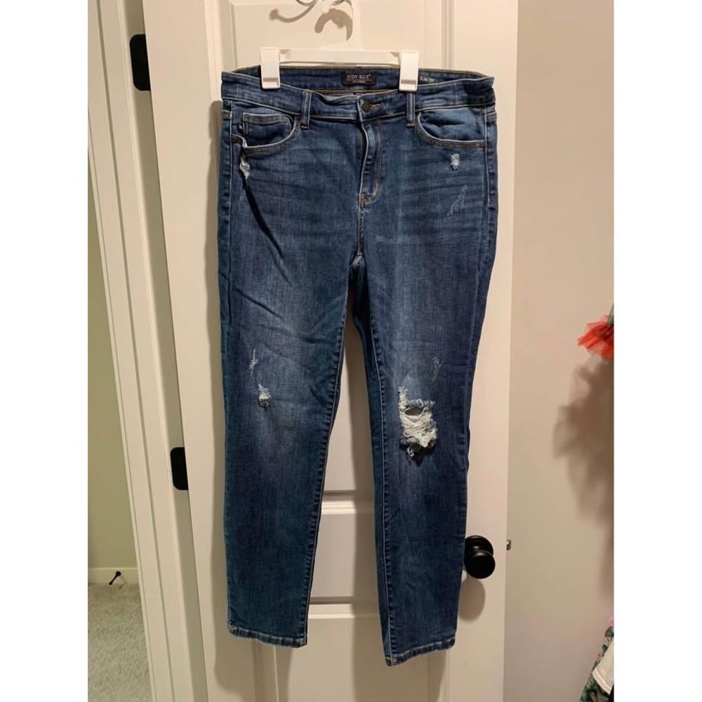 Judy Blue Los Angeles Slim Fit Distressed Denim Jeans Dark Wash Size 13/31